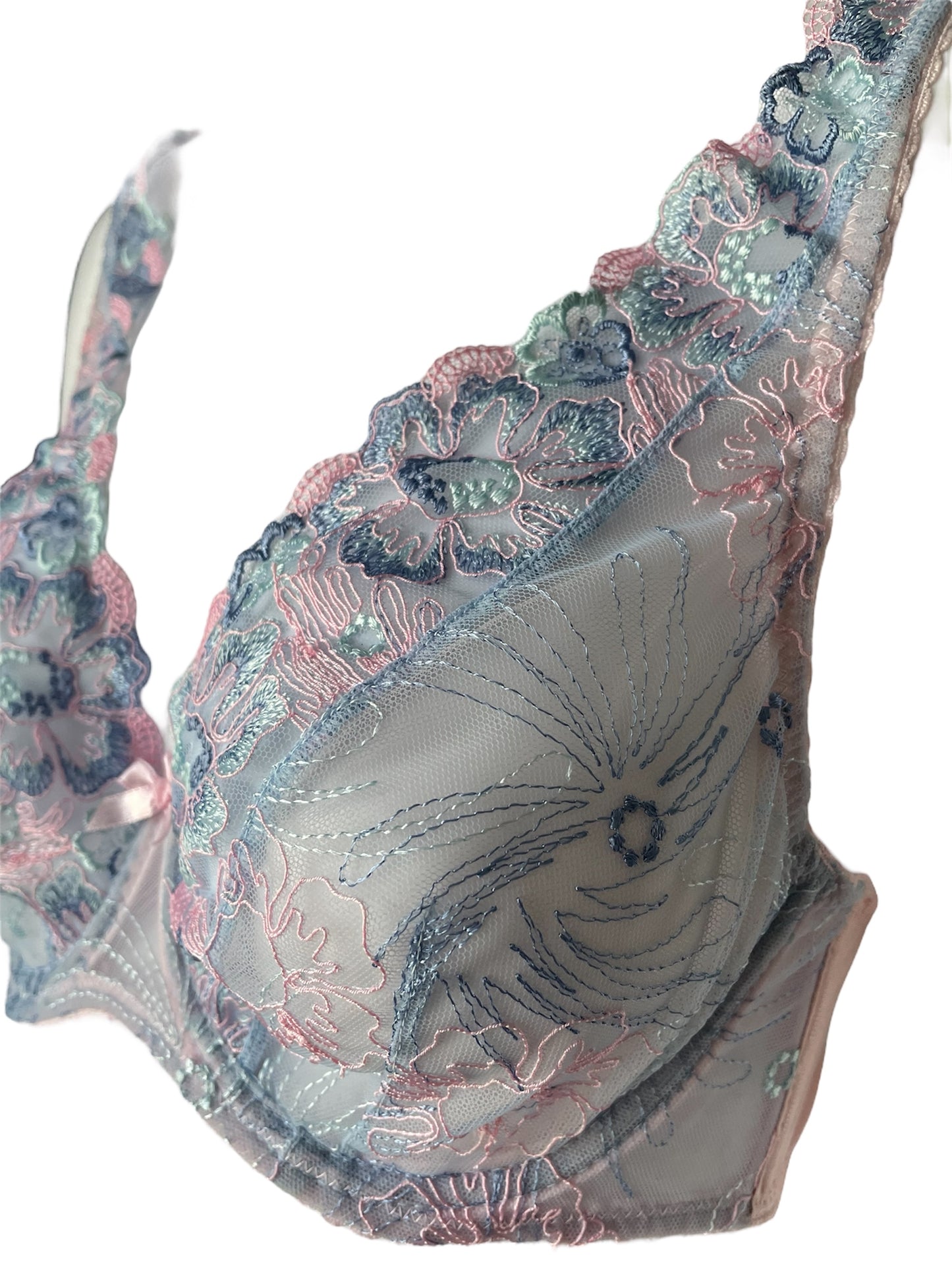 Aurora Bloom Triangle Bralette – Handmade Lace in Soft Blue & Pink | European Luxury Lingerie