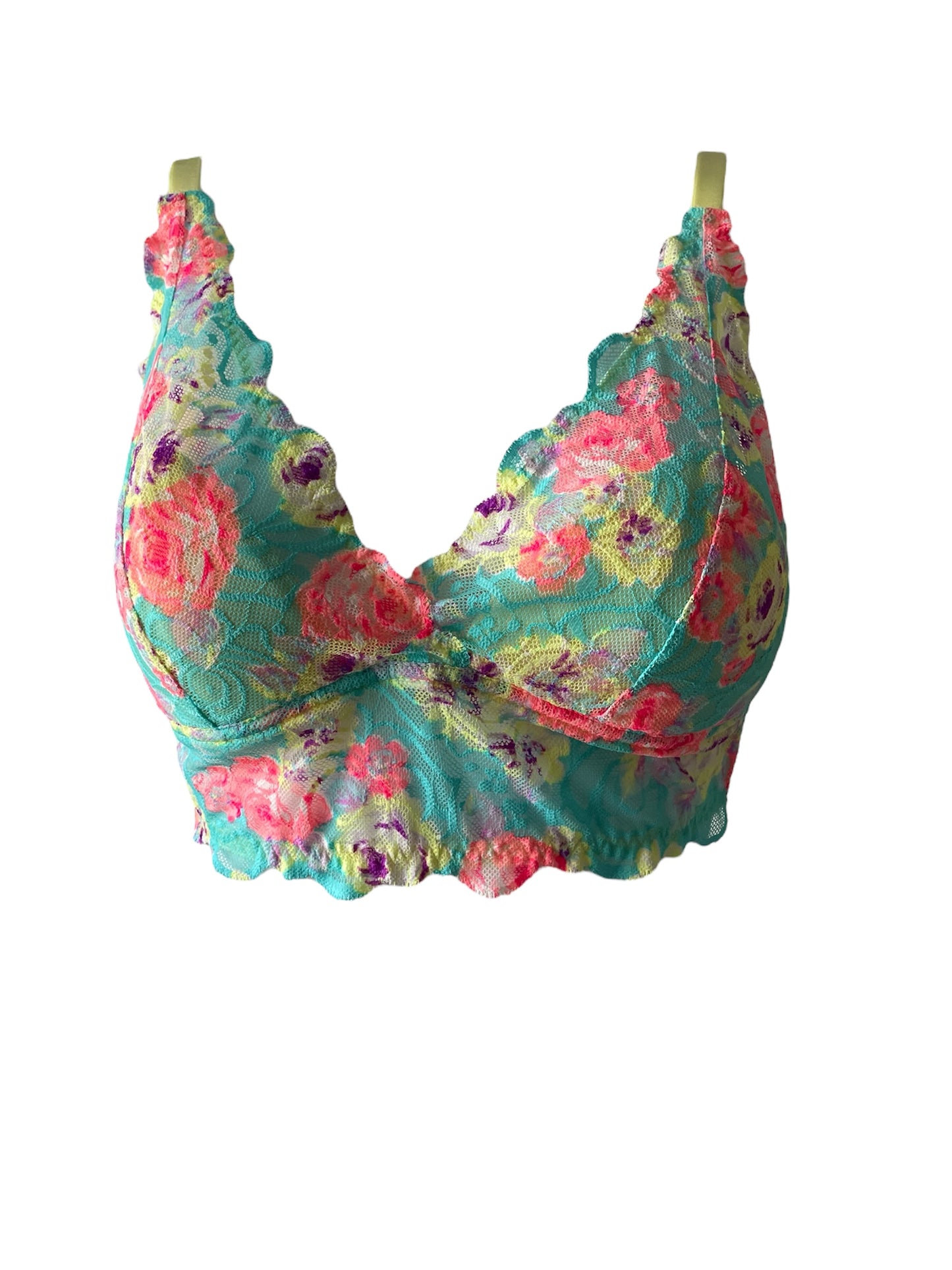 Colorful floral lace bralette in turquoise, pink, and lilac, longline wireless fit, handmade in Europe with premium lace. The Impressive Factor.