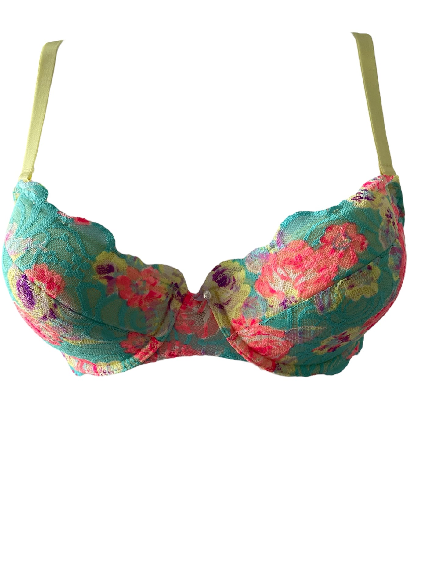 Push-up floral lace bra with underwire support, vibrant European lace in turquoise and pink, handmade in Europe.