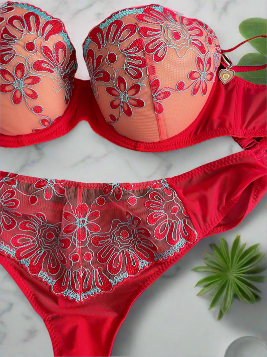 Luxury underwire bra with red and aqua flower embroidery – European lace design